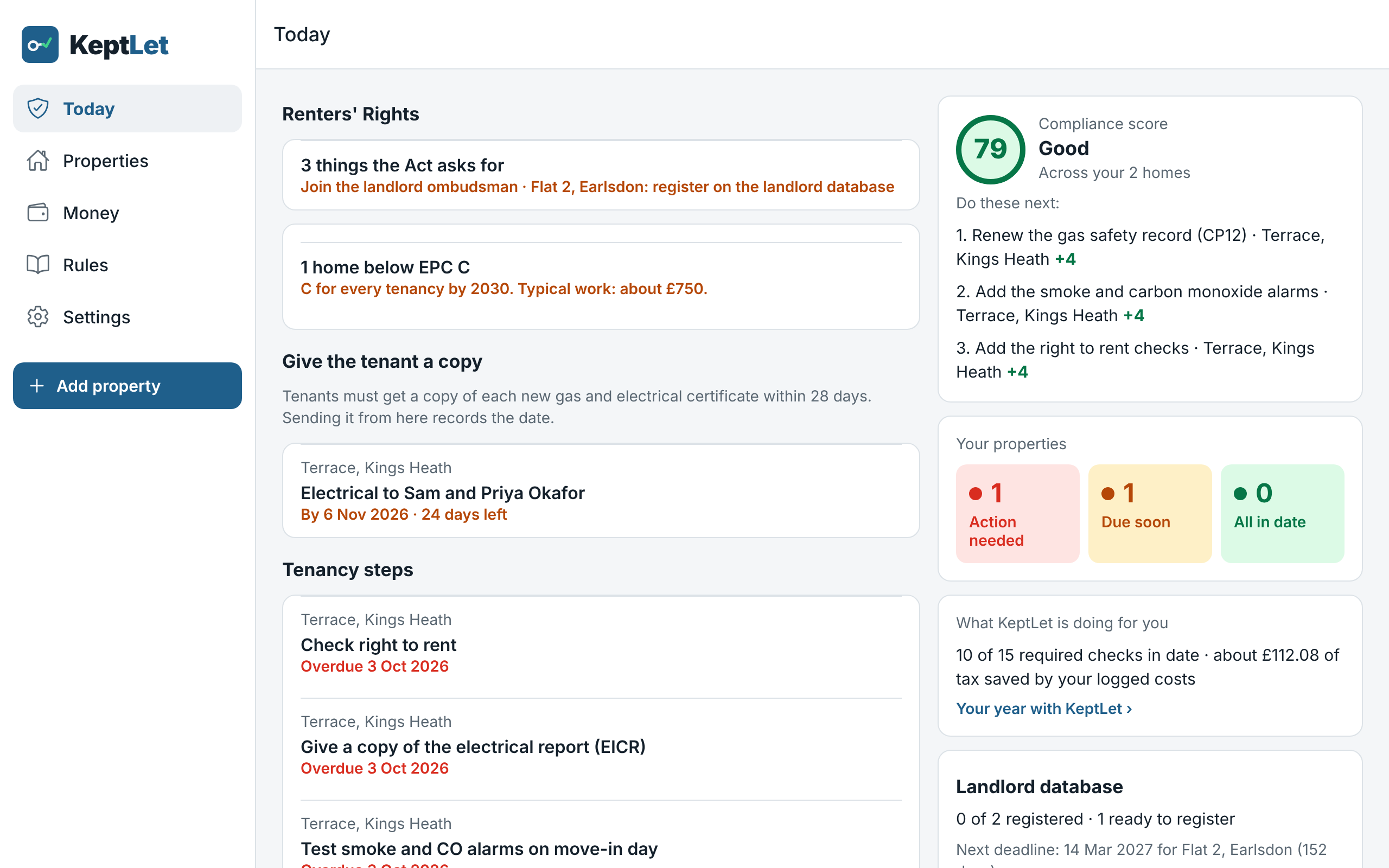 KeptLet on a laptop: a sidebar on the left and the Today page in two columns