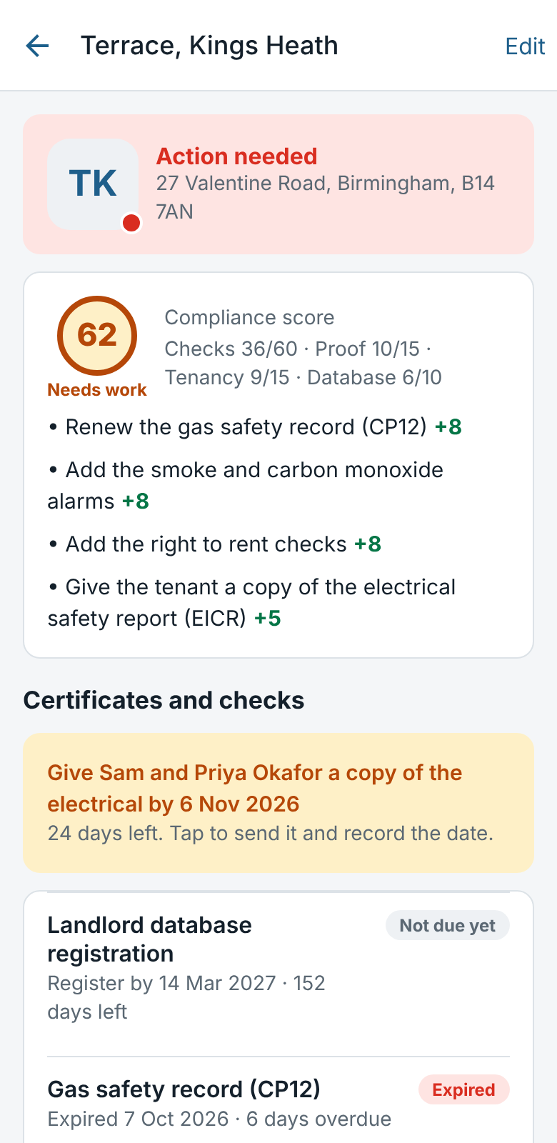 A home's page: its compliance score, the fixes that raise it, and each certificate with its expiry